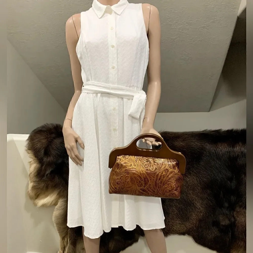 Vintage Style Handmade Genuine Embossed Leather Wooden Frame Bag/Crossbody
